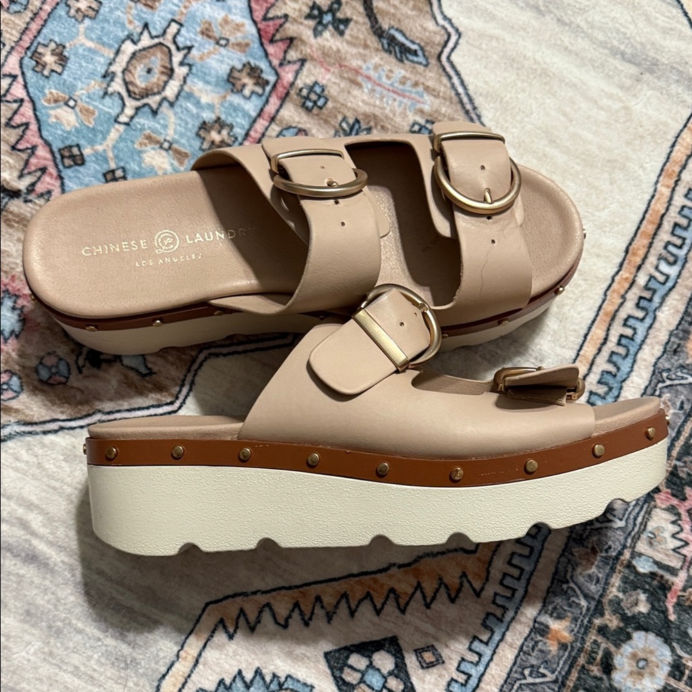 Chinese Laundry Beige Buckle Mules